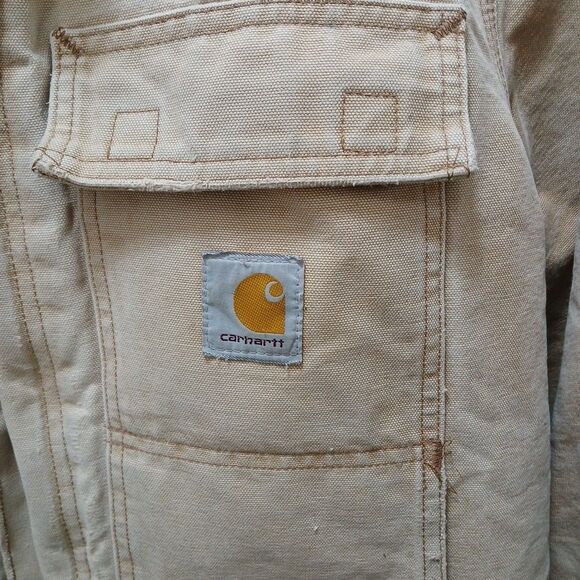 VINTAGE CARHARTT INSULATED DUCK BROWN FADED COAT 44 REGULAR DISTRESSED HOLES CO3 - Picture 6 of 16